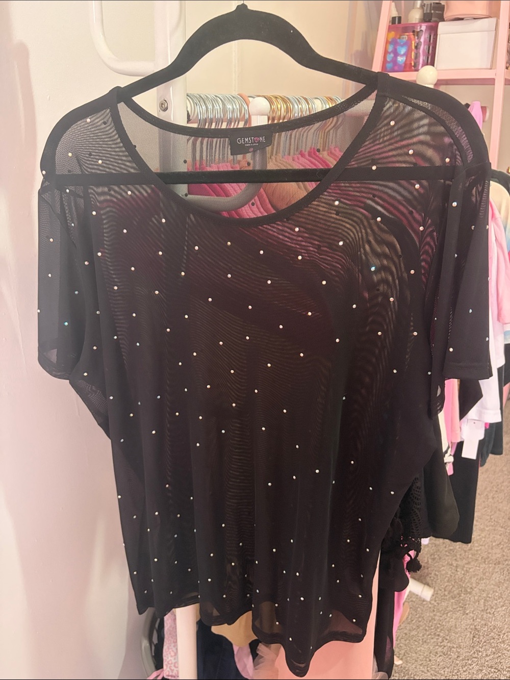 Gemstone Black Sheer Mesh Short Sleeve Top with Rhinestones